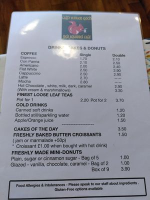 Drinks and cakes menu (September 2021) at Red Squirrel Tapas Bar in Anglesey