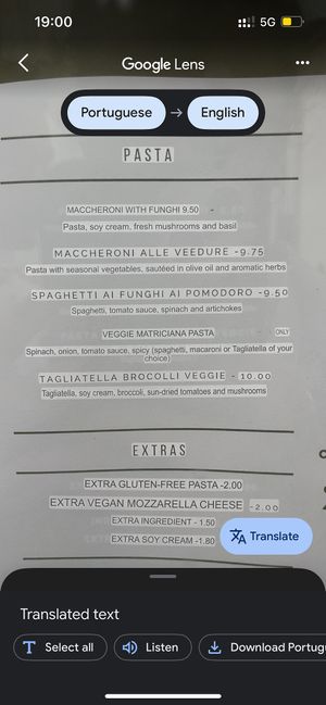 Translated vegan menu   at Pane & Vino in Evora