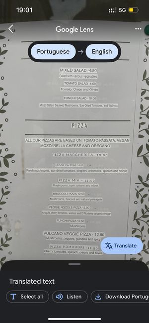 Translated vegan menu   at Pane & Vino in Evora
