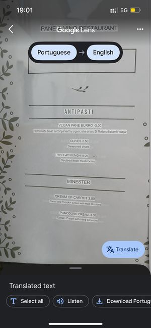 Translated vegan menu   at Pane & Vino in Evora