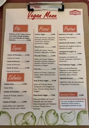 Vegan Menu at Pane & Vino in Evora
