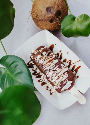 IVORY COAST COCONUT ice pop, dark chcolate dip, toasted coconut flakes
 at Anjuna Ice Pops - Sas utca in Budapest