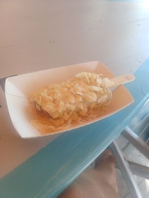 Sugarfree chocolate topped with white chocolate sauce and coconut crisps at Anjuna Ice Pops in Balatonfuered