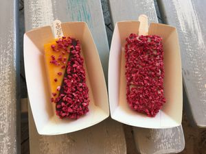 Ice cream with chocolate topping and raspberry sprinkles at Anjuna Ice Pops in Balatonfuered