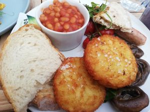 Vegan breakfast with a side of hash browns at Cafe No 11 in Rayleigh