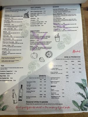 Drinks menu, oat, coconut and soya milks available   at Cafe No 11 in Rayleigh