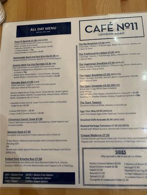 Menu - see key at the bottom right for vegan labels.  at Cafe No 11 in Rayleigh
