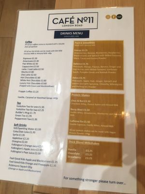 Drinks menu at Cafe No 11 in Rayleigh