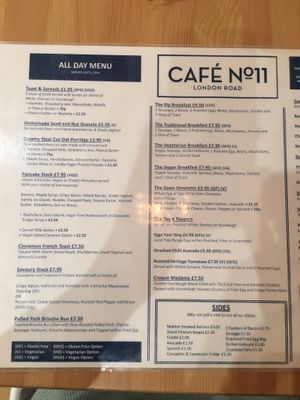 Food menu 1 (VG =vegan, VGO = veganisable) at Cafe No 11 in Rayleigh
