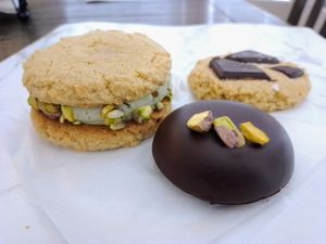 Pistachio frosting cookie sandwich, soft chewy Marzipan, grains free chewy 🍪 at Linden Organic in Gilbert