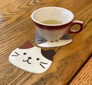 Tea with cat coasters at Alley Cat Cafe in Ithaca