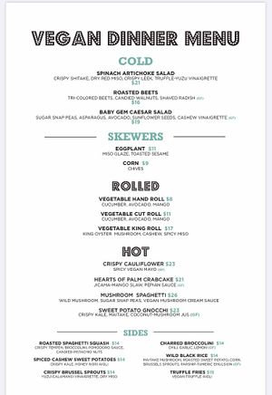 Vegan menu at Catch in New York City