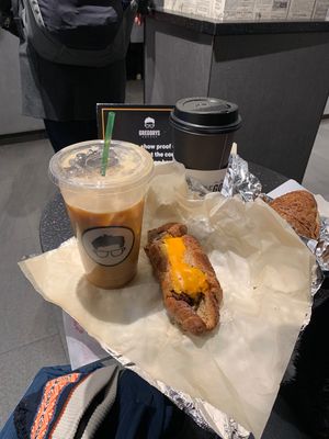 Vegan Salted Caramel Cold Brew + Vegan Deluxe Beeakfast Sandwich  at Gregory's Coffee - Madison Ave in New York City