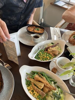 Lentil shepherd’s pie and plate of veg that came with it (veg for 2)  at The Old Farmhouse in Darlington