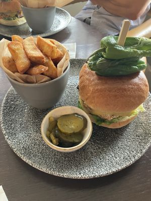 Burger and chips  at The Old Farmhouse in Darlington