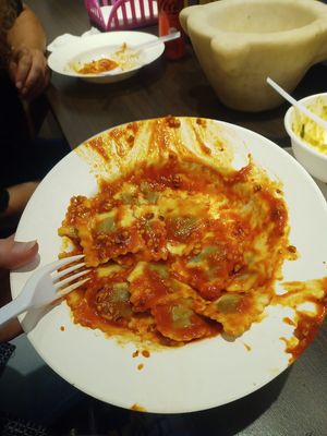 Vegan truffle ravioli with hazelnut ragú. at Pastificio Artigianale di Canneto in Genoa