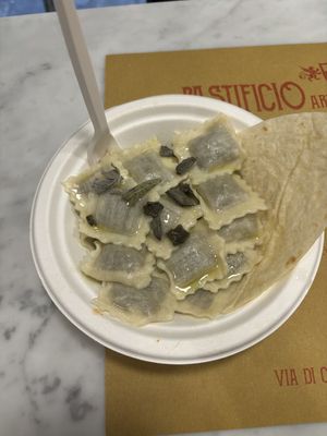 Truffle ravioli (vegan) with olive oil and sage  at Pastificio Artigianale di Canneto in Genoa