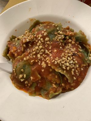 Vegan ravioli with “hazelnut sauce” (tomato sauce with hazelnuts?) - medium size quite filling at Pastificio Artigianale di Canneto in Genoa
