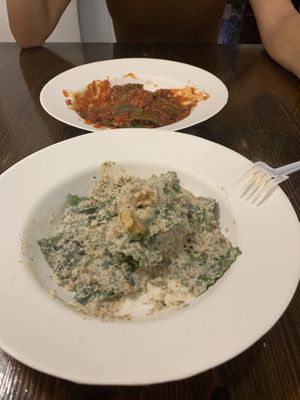 Top: vegan ravioli with hazelnut souce ———Bottom: vegan ravioli with walnut souce  at Pastificio Artigianale di Canneto in Genoa