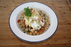 SAMOSA CHAT Chickpea, samosa, yogurt, tamarind sauce etc, A popular snacks item from India at India Ocean Restaurant  in Christchurch