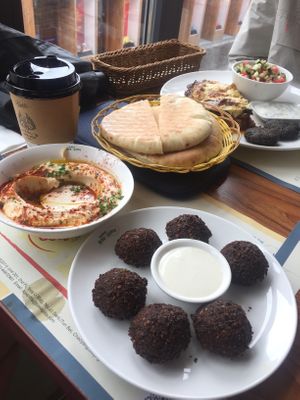 Falafel and hummus (note plate in background not veg) at Biteapitta in Beijing