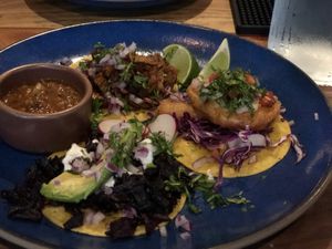 Taco Tuesday’s at PhonoBar! Hibiscus flower taco, Shrimp Cali taco, and al pastor taco. So delicious!  at Om Sabor in San Francisco