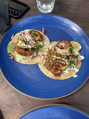 Konjac shrimp tacos, try them! at Om Sabor in San Francisco