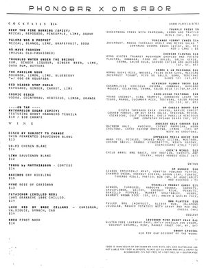 Regular dinner menu as of 2021-08-14 at Om Sabor in San Francisco