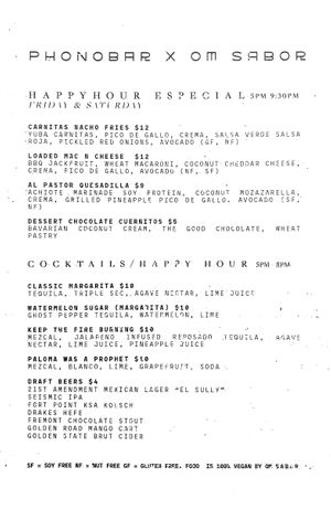 Happy hour menu as of 2021-08-14 at Om Sabor in San Francisco