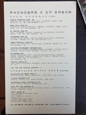 Taco Tuesday menu as of 2021-09-07 at Om Sabor in San Francisco