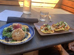 crab cake and cocoviche  at Om Sabor in San Francisco