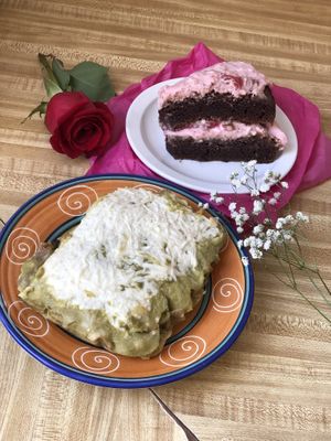 Vegetable gratin and chocolate strawberry torte (Valentines Day Special)  at Om Sabor in San Francisco