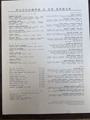 The menu  at Om Sabor in San Francisco