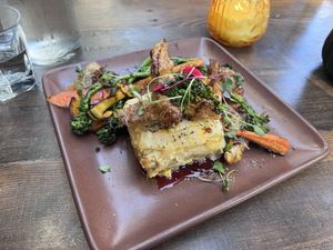 Potato Cheese Gratin and Crispy Mushrooms   at Om Sabor in San Francisco