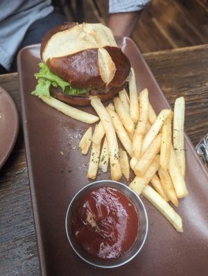 Burger and fries at Om Sabor in San Francisco