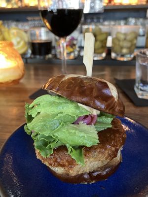 Spicy crab cake slider + avocado: on HH menu as of 2024-04-26  at Om Sabor in San Francisco