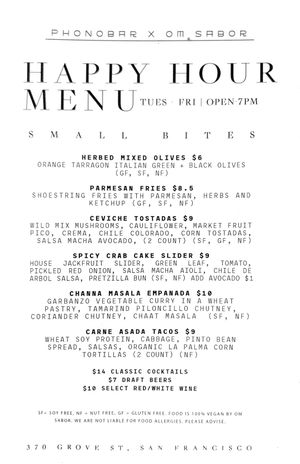 Happy hour menu as of 2024-07-30  at Om Sabor in San Francisco