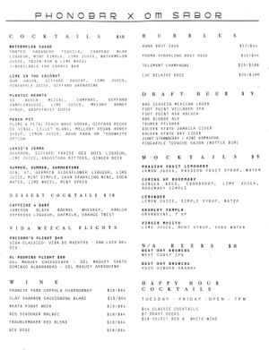 Drink menu as of 2024-07-30  at Om Sabor in San Francisco