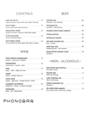Drink menu as of 2025-01-08 at Om Sabor in San Francisco