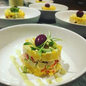 Om sabor's Peruvian 7 course dinner cannot be without a Aji Amarillo Causa  at Om Sabor in San Francisco