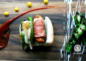 Mission style hotdog in an 8 course San Francisco's La Mission street foods...of course all vegana at Om Sabor in San Francisco