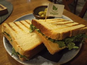 Hummus toast with a cute flag :) at Čajnica in kavarna Dnevna in Nova Gorica