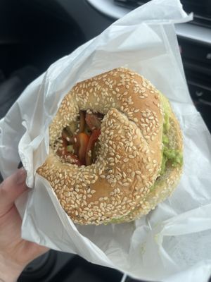 Avocado, cherry tomato and chilli jam bagel   at Kangus Coffee in Kirkcaldy