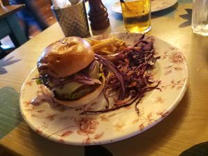 The Beyond Meat burger with house slaw & chips at The Cosy Club in Leeds