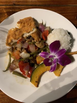 Breaded tofu with roasted vegetables and rice  at Old Lahaina Luau in Lahaina