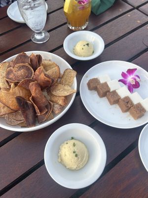 Taro chips, ulu hummus, and haupia with kulolo at Old Lahaina Luau in Lahaina