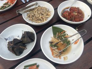 Oyster mushrooms, watermelon poke, kalo lau lau, pohole salad at Old Lahaina Luau in Lahaina