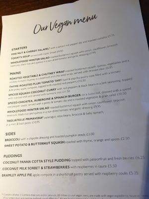 Vegan Menu!!! at The Honey Bee in Wilmslow