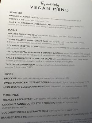 Vegan menu, Stretton Fox at The Stretton Fox in Warrington