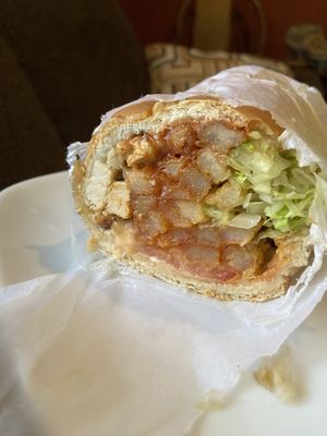 Vegan chicken Fat Cat Sandwich is so filling. Yummy. So nice that Stewart’s has so many plant-based options    at Stewart's Root Beer in East Brunswick